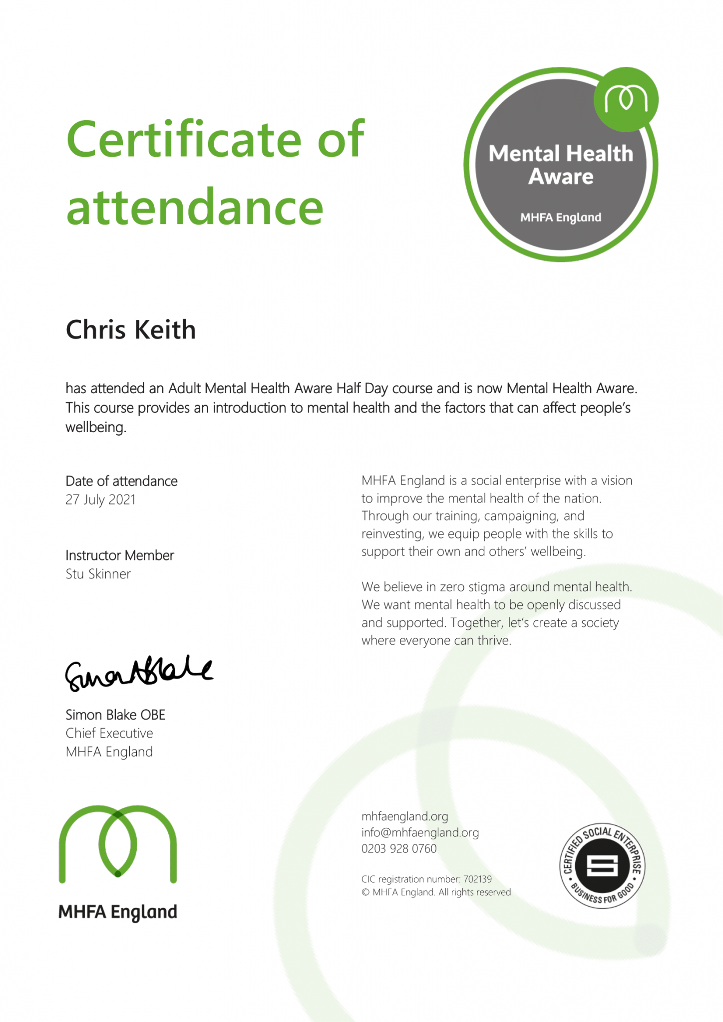 Mental Health First Aid Certificate Sigma Catering Equipment Limited